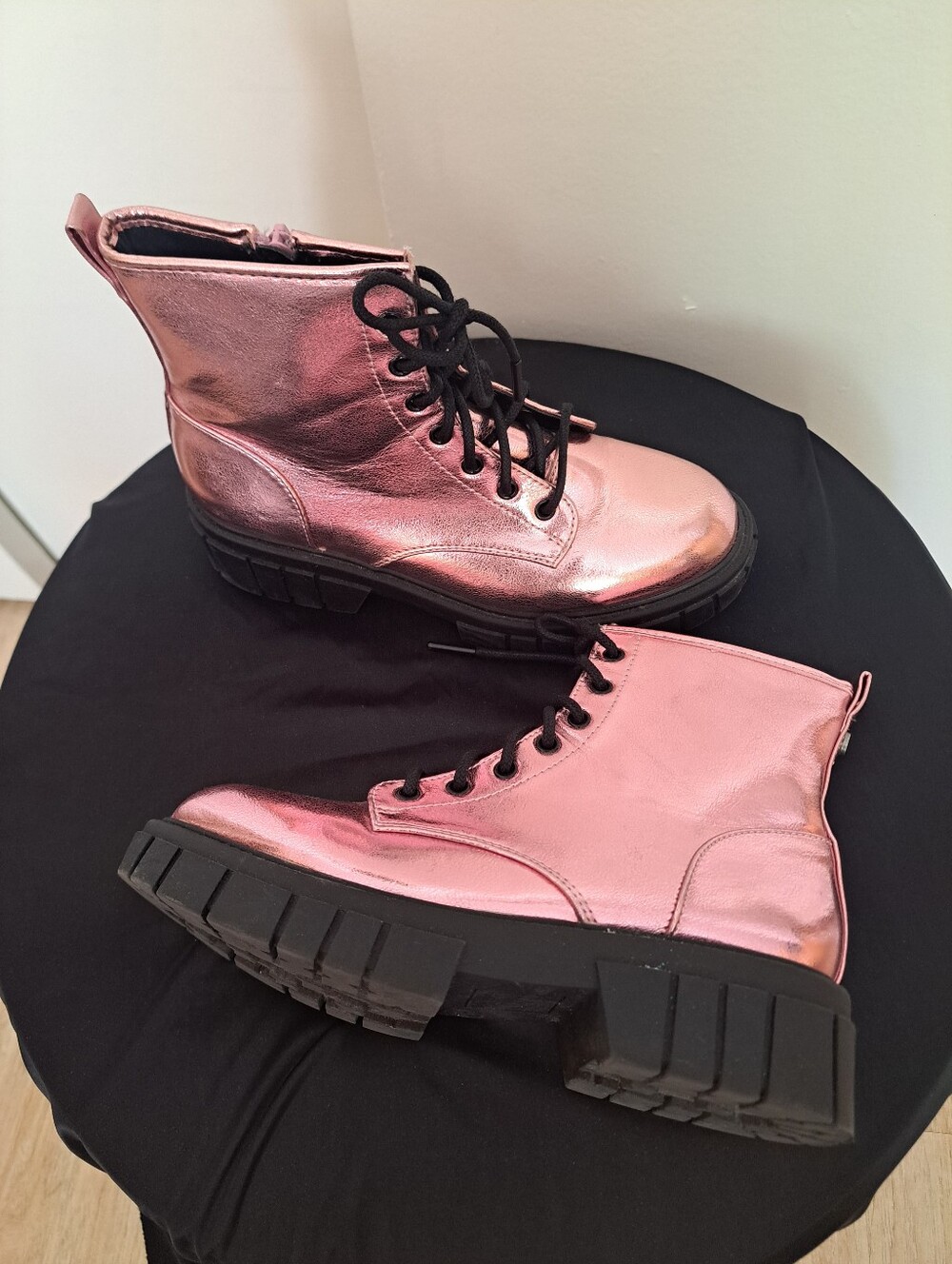 Metallic Pink Lace-Up Combat Boots with Chunky Black Sole